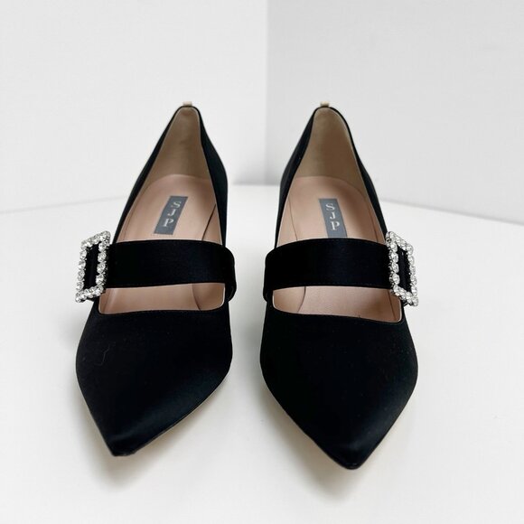 SJP BY SARAH JESSICA PARKER Black Satin Highgate  Embellished Buckle Heels Sz 41 - Picture 2 of 11